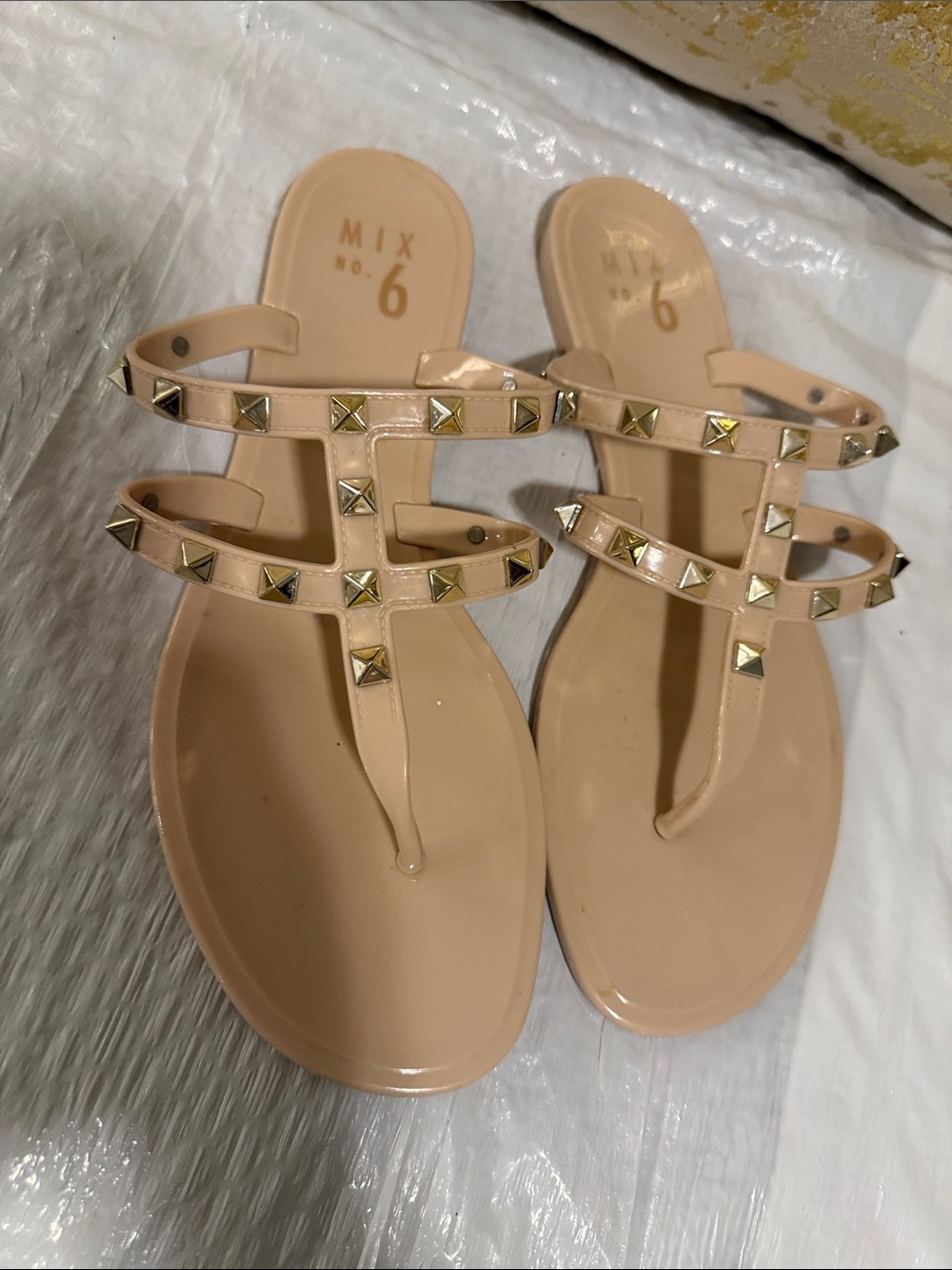 Mix No. 6 Nude Studded T-Strap Jelly Sandals Size 8